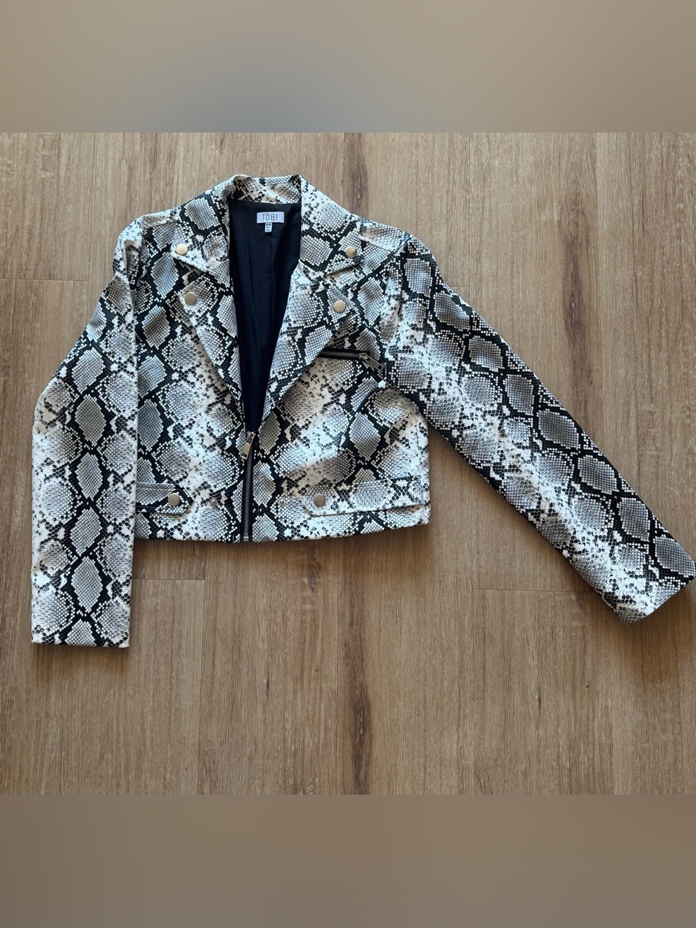 Tobi Black & White Snake-Print Cropped Moto Jacket